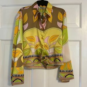 Zara blouse, multicolored button down, tie at waist